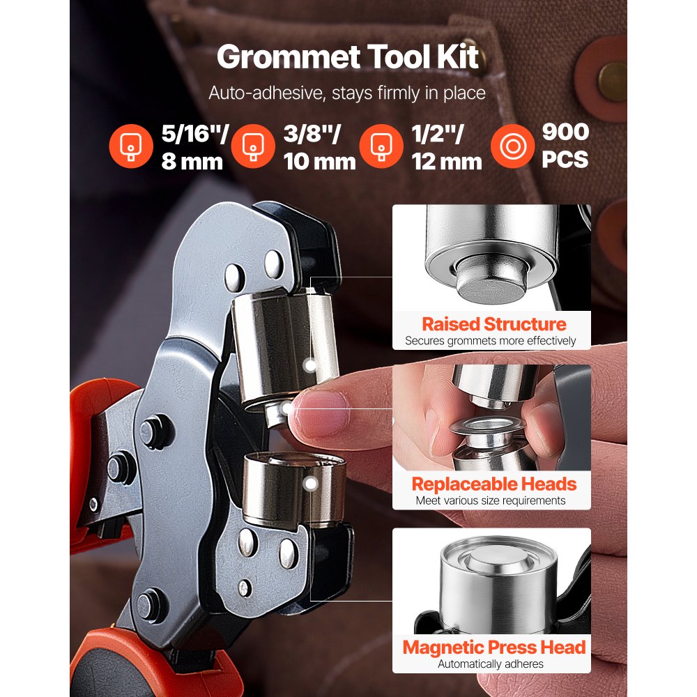 VEVOR Grommet Tool Kit 5/16" 3/8" 1/2" 900 PCS Grommets Eyelet Tool Kit, with Eyelets and Washers, Manual Grommet Press