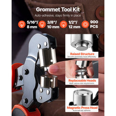 VEVOR Grommet Tool Kit 5/16" 3/8" 1/2" 900 PCS Grommets Eyelet Tool Kit, with Eyelets and Washers, Manual Grommet Press