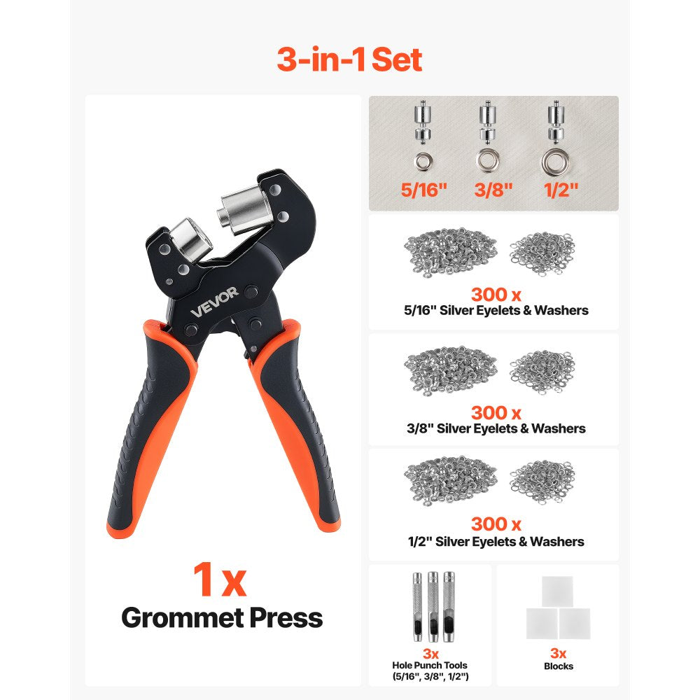 VEVOR Grommet Tool Kit 5/16" 3/8" 1/2" 900 PCS Grommets Eyelet Tool Kit, with Eyelets and Washers, Manual Grommet Press