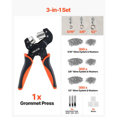 VEVOR Grommet Tool Kit 5/16" 3/8" 1/2" 900 PCS Grommets Eyelet Tool Kit, with Eyelets and Washers, Manual Grommet Press