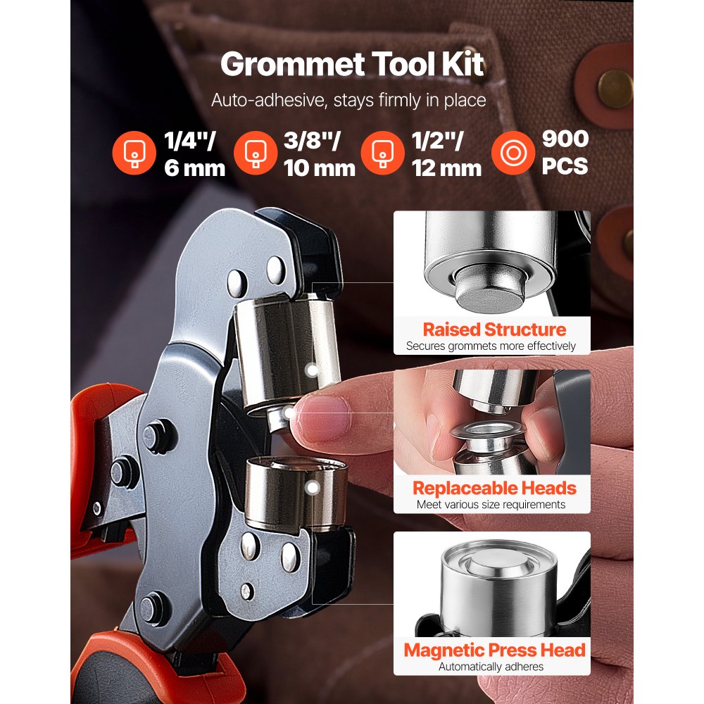 VEVOR Grommet Tool Kit 1/4" 3/8" 1/2" 900 PCS Grommets Eyelet Tool Kit, with Eyelets and Washers, Manual Grommet Press