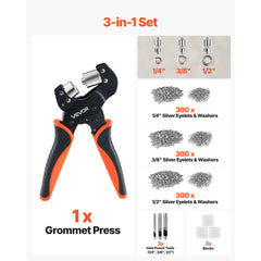 VEVOR Grommet Tool Kit 1/4" 3/8" 1/2" 900 PCS Grommets Eyelet Tool Kit, with Eyelets and Washers, Manual Grommet Press