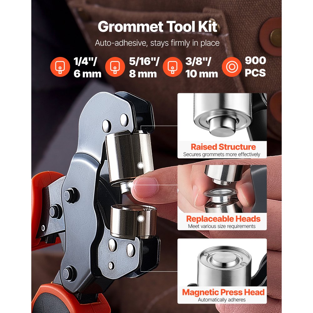 VEVOR Grommet Tool Kit 1/4" 5/16" 3/8" 900 PCS Grommets Eyelet Tool Kit, with Eyelets and Washers, Manual Grommet Press