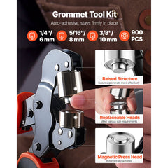 VEVOR Grommet Tool Kit 1/4" 5/16" 3/8" 900 PCS Grommets Eyelet Tool Kit, with Eyelets and Washers, Manual Grommet Press