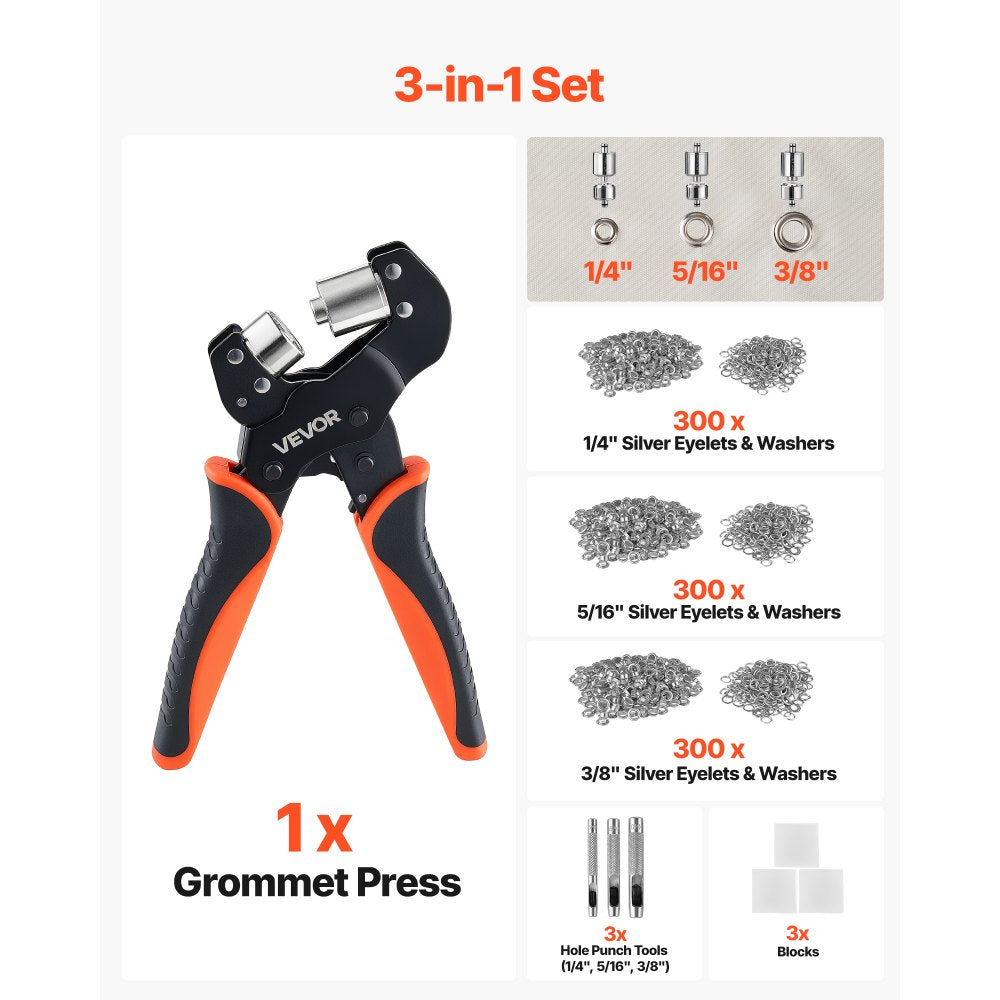VEVOR Grommet Tool Kit 1/4" 5/16" 3/8" 900 PCS Grommets Eyelet Tool Kit, with Eyelets and Washers, Manual Grommet Press