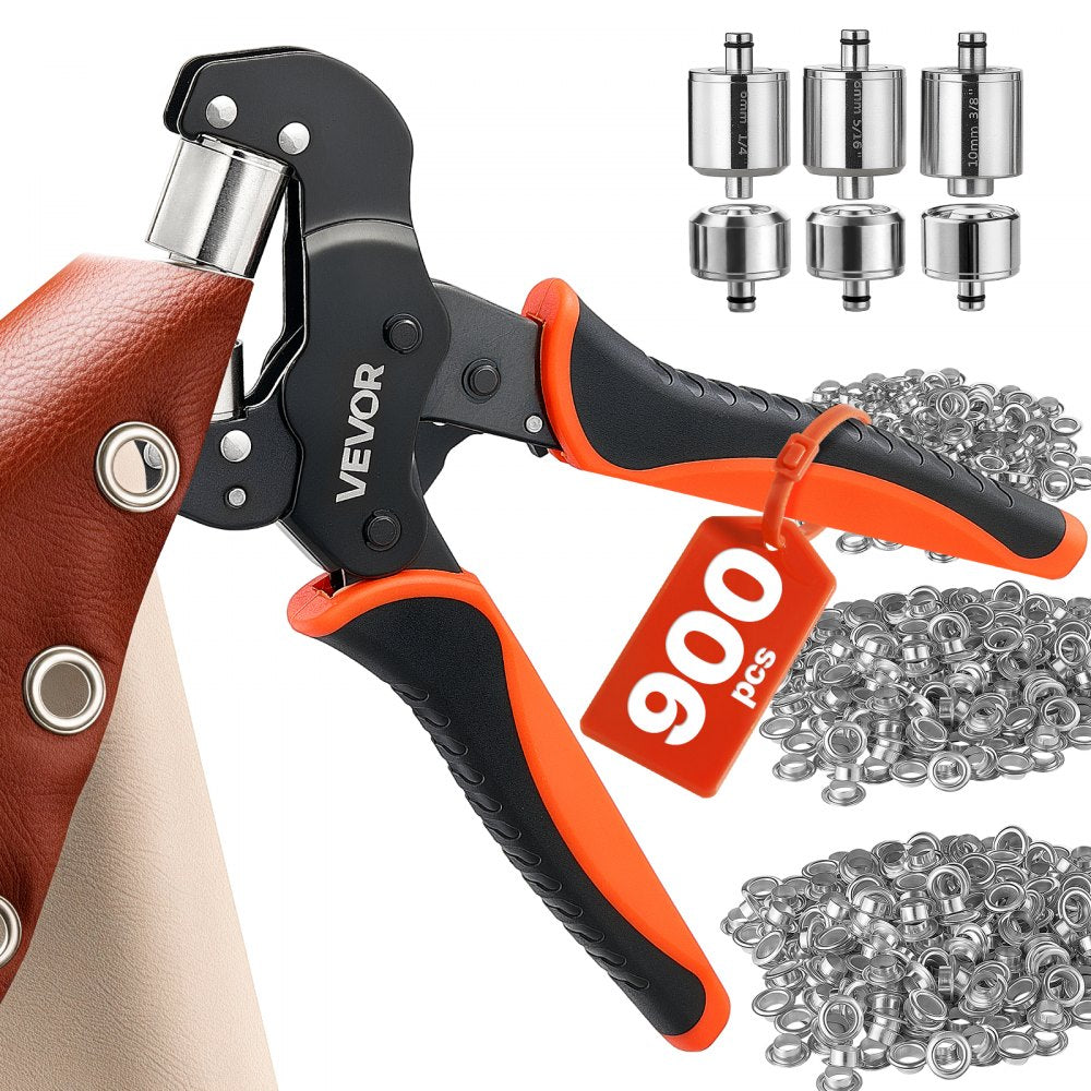 VEVOR Grommet Tool Kit 1/4" 5/16" 3/8" 900 PCS Grommets Eyelet Tool Kit, with Eyelets and Washers, Manual Grommet Press
