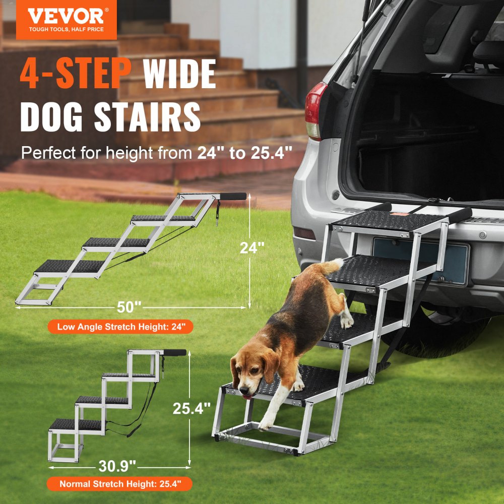 VEVOR Dog Stair for Cars, Wide 4-step Dog Car Steps, Folding Dog Car Ramp with Nonslip Surface, Portable Pet Steps