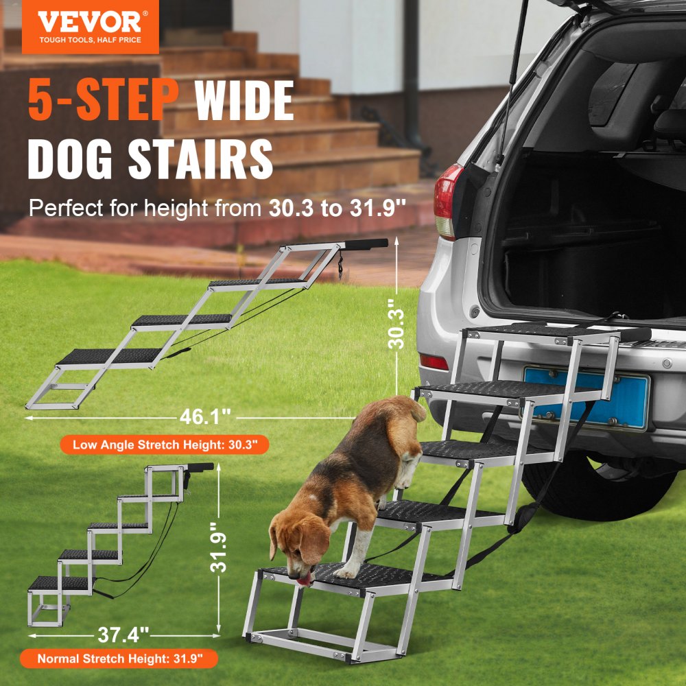 VEVOR Dog Stair for Cars, Wide 5-step Dog Car Steps, Folding Dog Car Ramp with Nonslip Surface, Portable Pet Steps