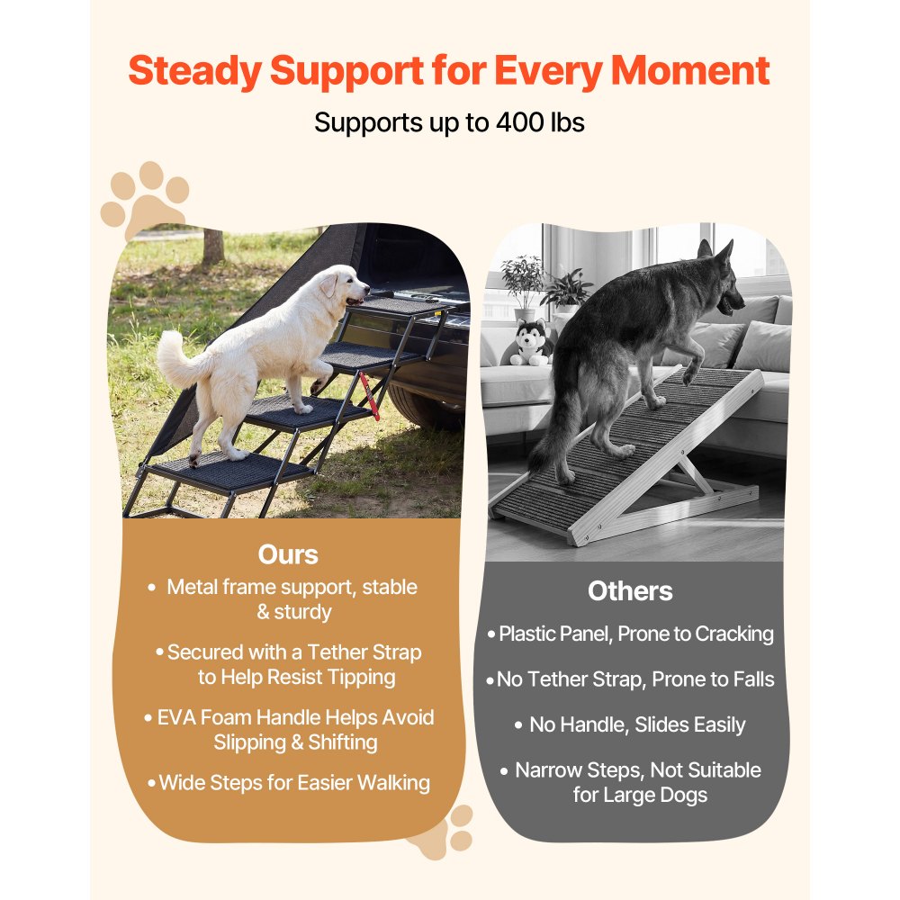 VEVOR Dog Stairs for Car, 4 Steps Extra Wide Foldable Dog Ramp for Large Dogs with Non-Slip Rug Surface, Portable