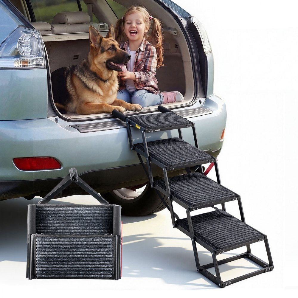 VEVOR Dog Stairs for Car, 4 Steps Extra Wide Foldable Dog Ramp for Large Dogs with Non-Slip Rug Surface, Portable