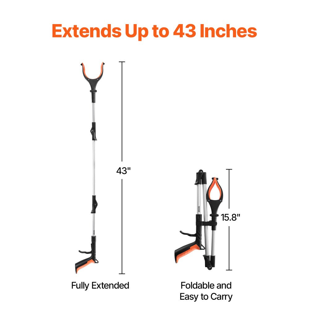 VEVOR Grabber Reacher Tool, 43" Foldable Reacher Grabber Pickup Tool with 360° Rotating Jaw, Magnet and LED Light