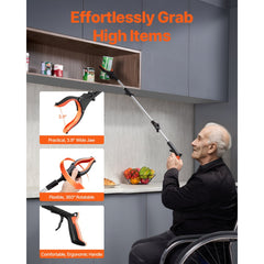 VEVOR Grabber Reacher Tool, 43" Foldable Reacher Grabber Pickup Tool with 360° Rotating Jaw, Magnet and LED Light