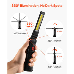 VEVOR Rechargeable LED Work Light, 1200 mAh, Magnetic Mechanic Flashlight with Magnetic Base, 360° Rotation, 5 Lighting