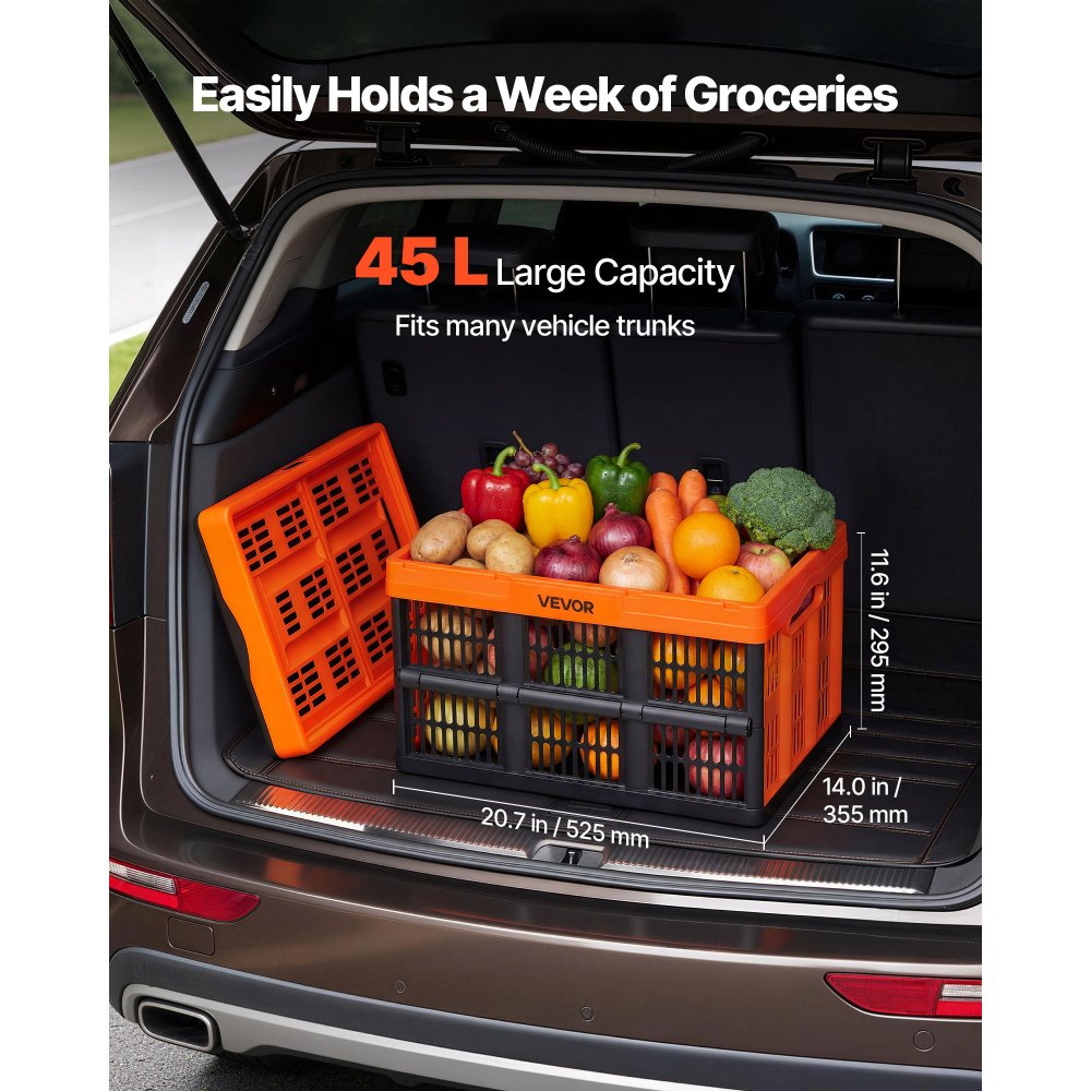 VEVOR Plastic Collapsible Storage Bins, 45L 6 Packs, Stackable Folding Storage Crates with Handles, Holds 33 lbs Per