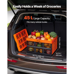 VEVOR Plastic Collapsible Storage Bins, 45L 6 Packs, Stackable Folding Storage Crates with Handles, Holds 33 lbs Per
