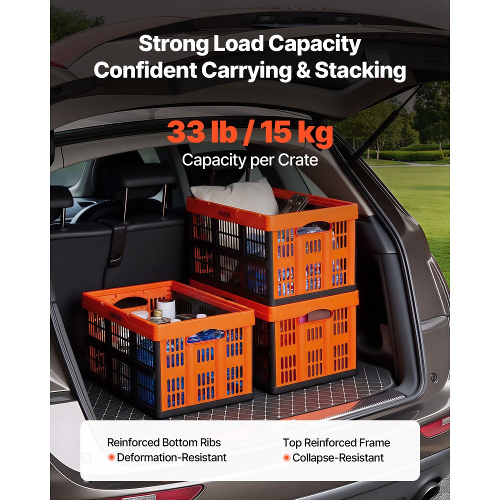 VEVOR Plastic Collapsible Storage Bins, 45L 6 Packs, Stackable Folding Storage Crates with Handles, Holds 33 lbs Per