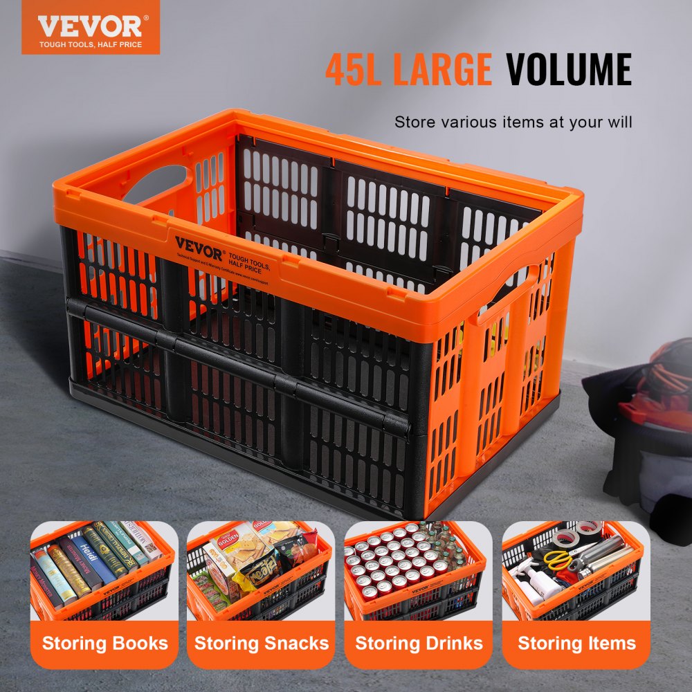 VEVOR Plastic Collapsible Storage Basket, 45L 3 Packs, Folding Stackable Storage Containers/Bins with Handles, Large