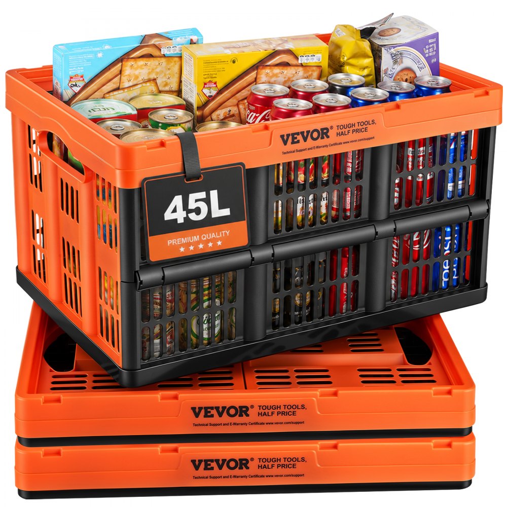 VEVOR Plastic Collapsible Storage Basket, 45L 3 Packs, Folding Stackable Storage Containers/Bins with Handles, Large
