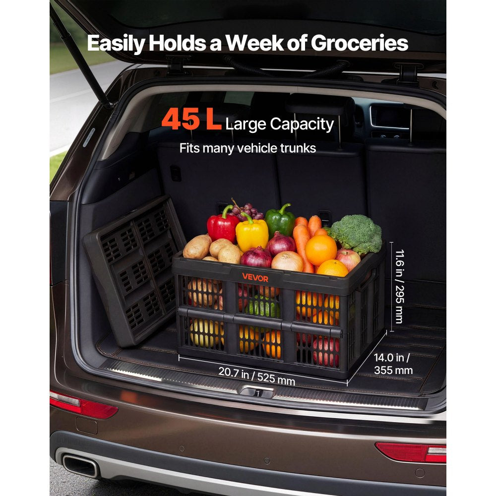 VEVOR Plastic Collapsible Storage Bins, 45L 3 Packs, Stackable Folding Storage Crates with Handles, Holds 33 lbs Per