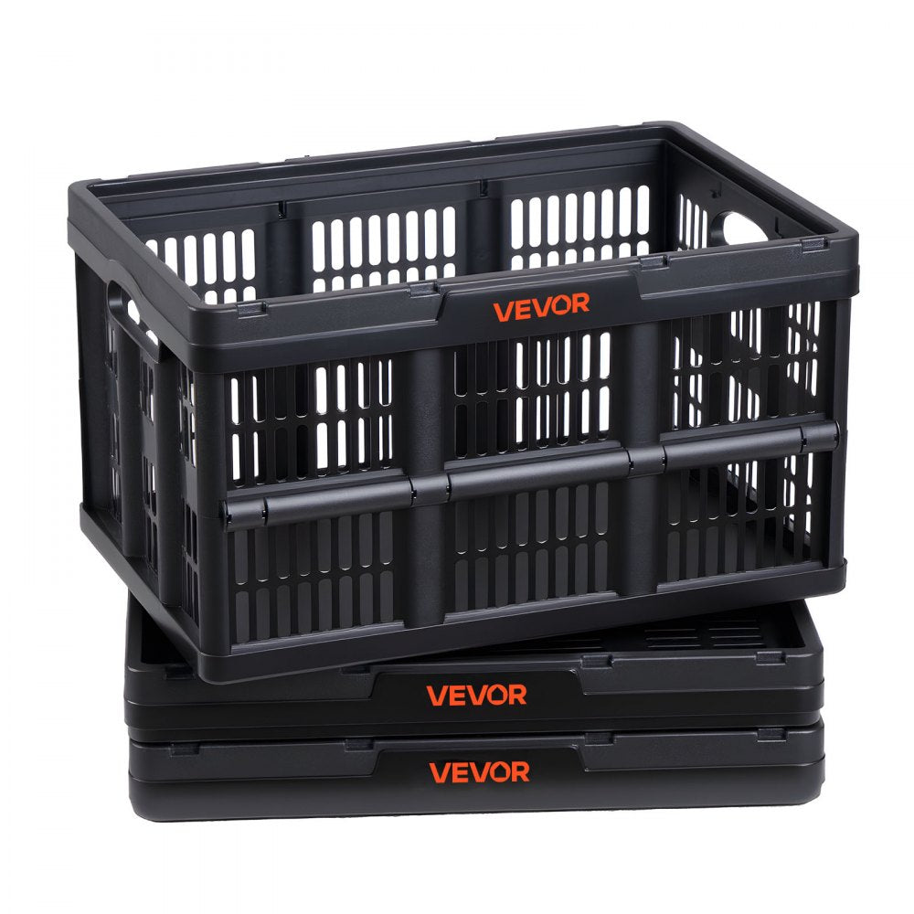 VEVOR Plastic Collapsible Storage Bins, 45L 3 Packs, Stackable Folding Storage Crates with Handles, Holds 33 lbs Per