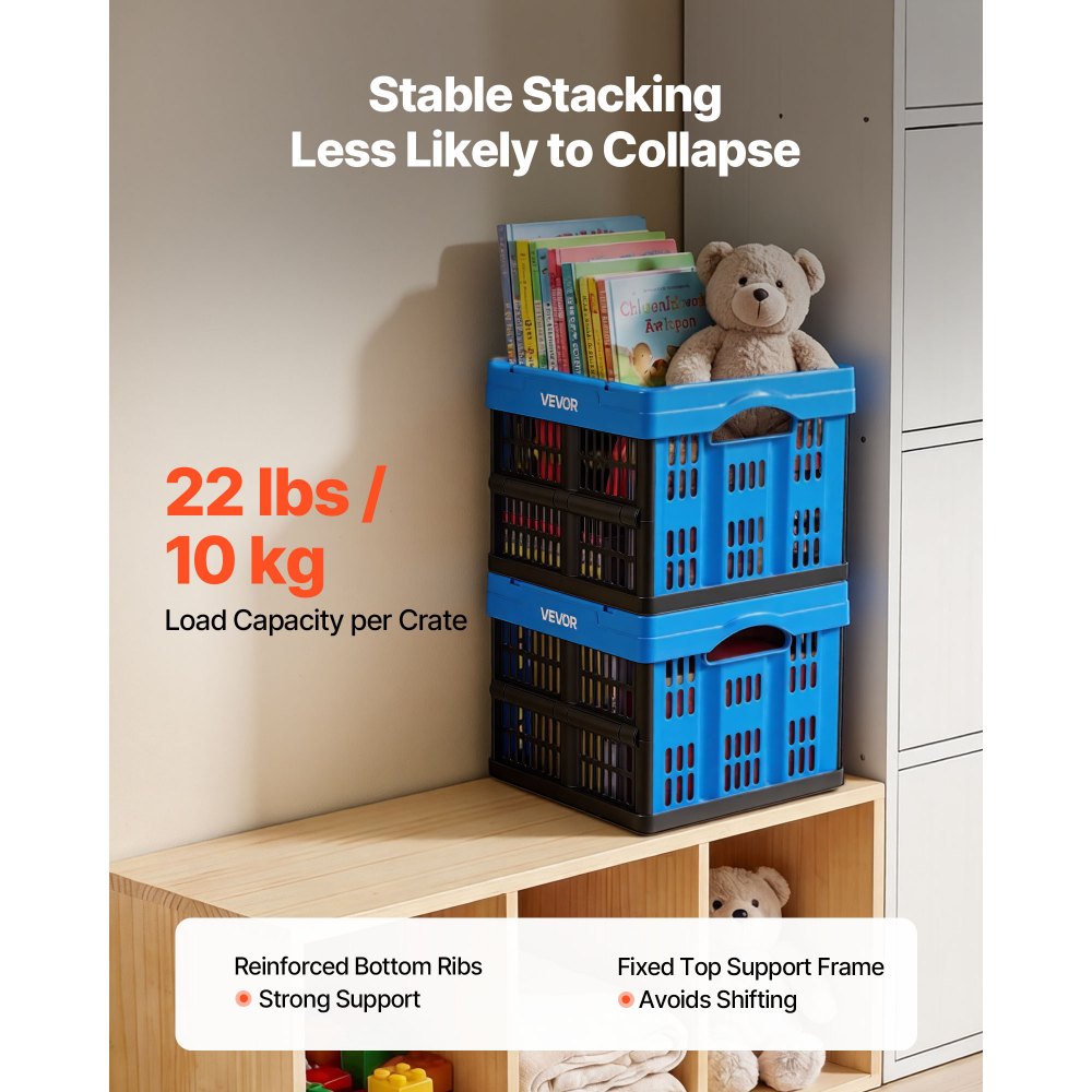 VEVOR Plastic Collapsible Storage Bins, 25L 3 Packs, Stackable Folding Storage Crates with Handles, Holds 22 lbs Per