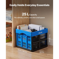 VEVOR Plastic Collapsible Storage Bins, 25L 3 Packs, Stackable Folding Storage Crates with Handles, Holds 22 lbs Per