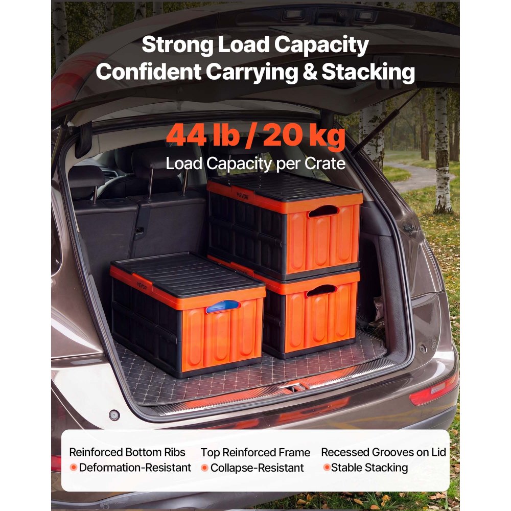 VEVOR Plastic Collapsible Storage Bins with Lids, 45L 3Packs, Stackable Folding Storage Crates with Handles, Holds 44