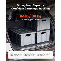 VEVOR Plastic Collapsible Storage Bins with Lids, 65L 3 Packs, Stackable Folding Storage Crates with Handles, Holds 84