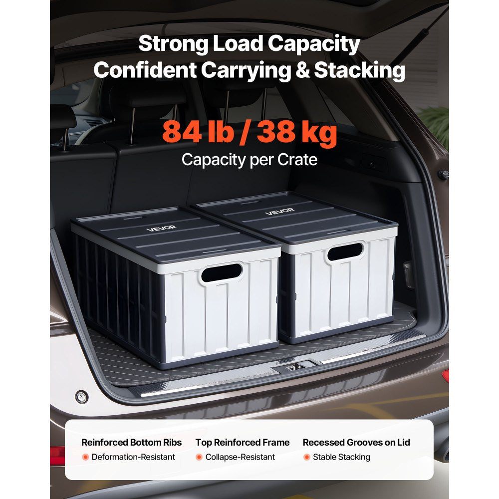 VEVOR Plastic Collapsible Storage Bins with Lids, 65L 2 Packs, Stackable Folding Storage Crates with Handles, Holds 84