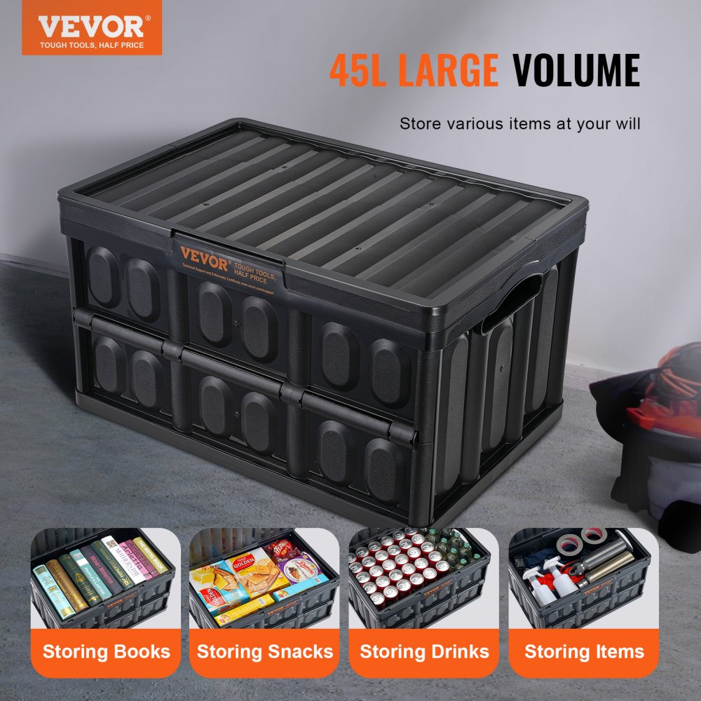 VEVOR Collapsible Storage Bins with Lids, 45L 3 Packs, Folding Plastic Stackable Utility Crates with Handles, Large