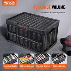 VEVOR Collapsible Storage Bins with Lids, 45L 3 Packs, Folding Plastic Stackable Utility Crates with Handles, Large
