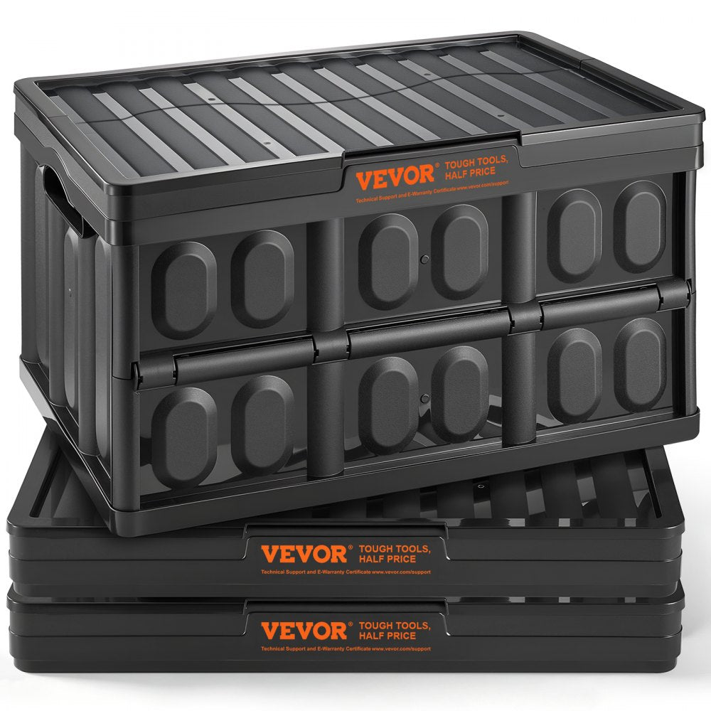 VEVOR Collapsible Storage Bins with Lids, 45L 3 Packs, Folding Plastic Stackable Utility Crates with Handles, Large