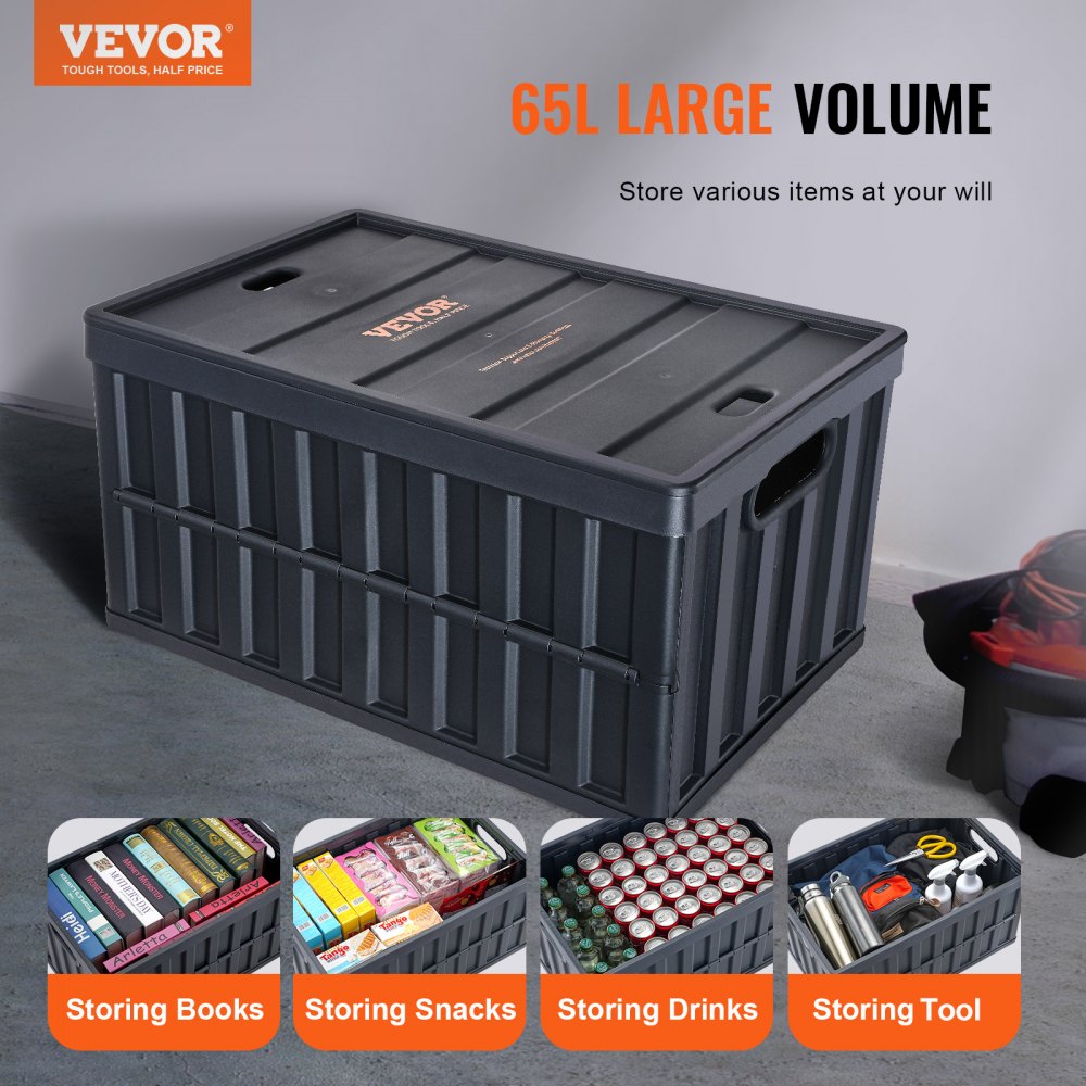 VEVOR Collapsible Storage Bins with Lids, 65L 3 Packs, Folding Plastic Stackable Utility Crates with Handles, Large