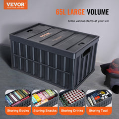 VEVOR Collapsible Storage Bins with Lids, 65L 3 Packs, Folding Plastic Stackable Utility Crates with Handles, Large