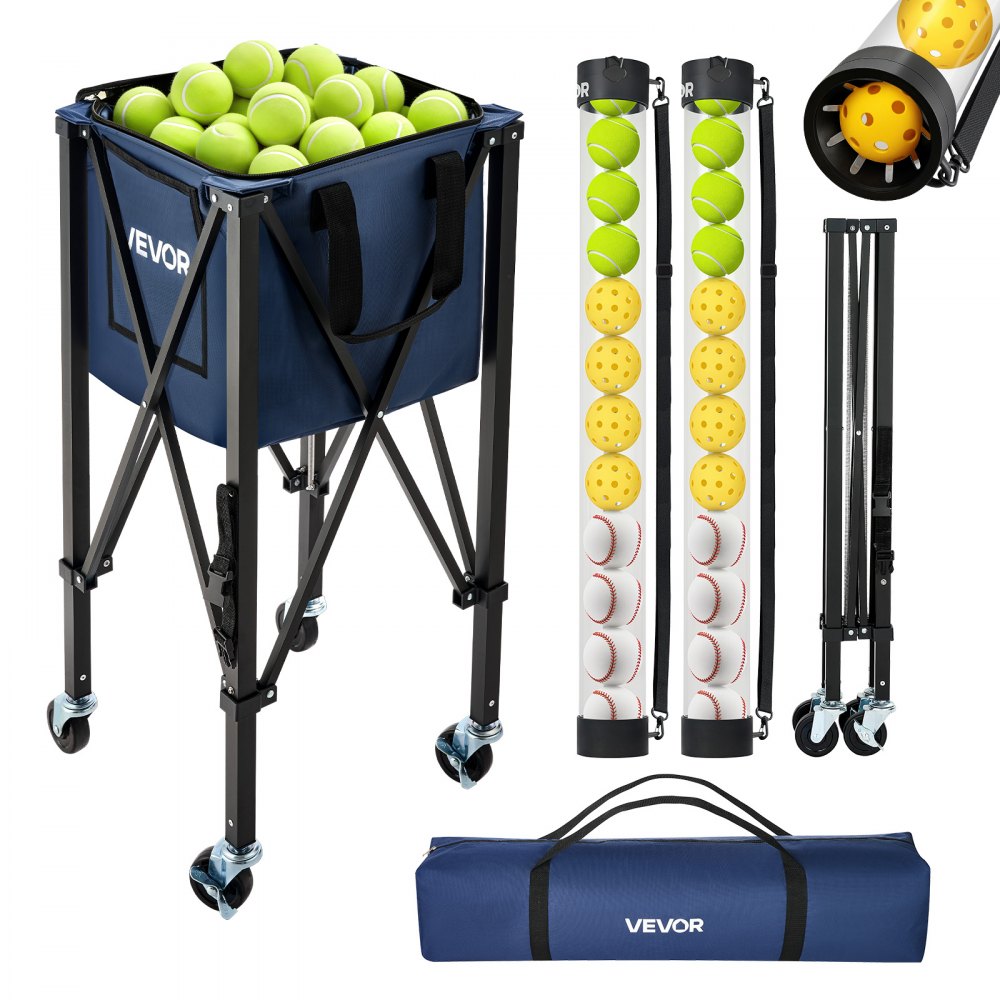 VEVOR 2-in-1 Tennis & Pickleball Hopper, with Pickup Tube, Foldable Pickleball Basket Cart with with Wheels, Holds 150