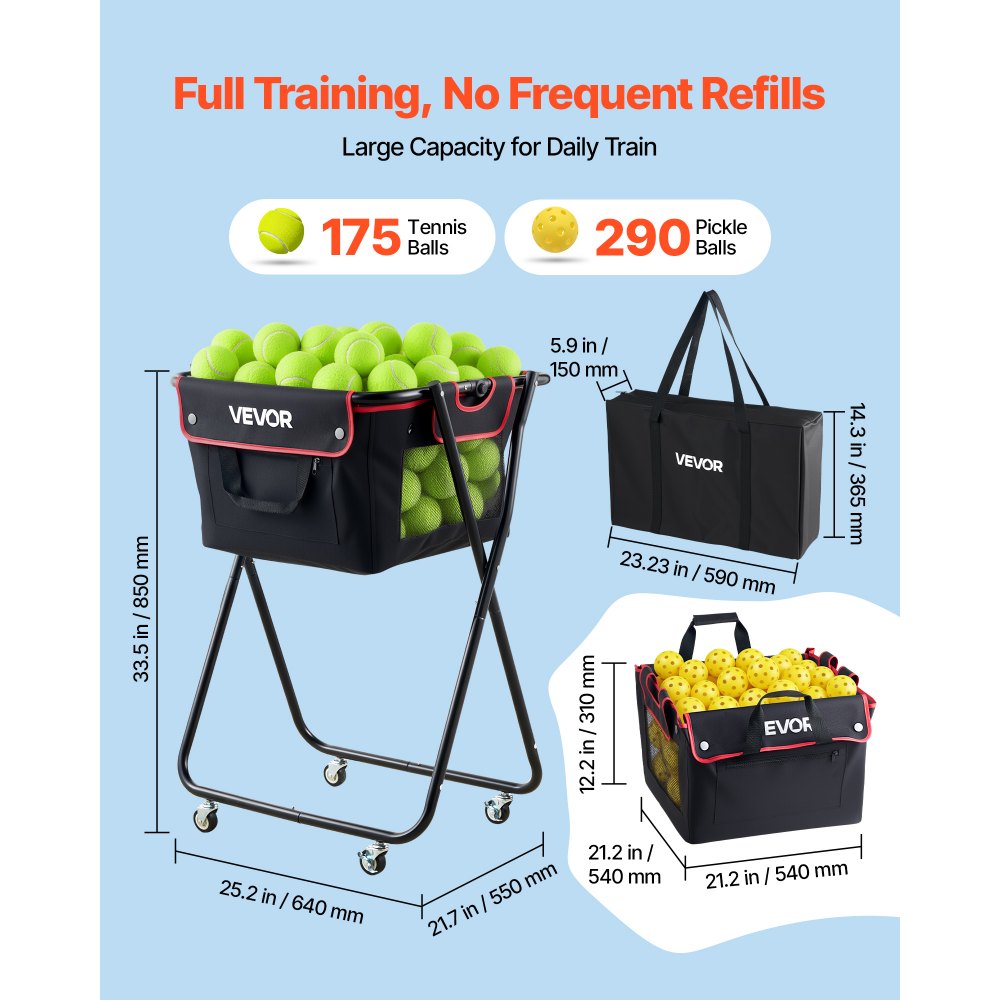 VEVOR Tennis Ball Hopper, Holds 175 Tennis Balls or 290 Pickleballs, Foldable Pickleball Basket Cart with Wheels for