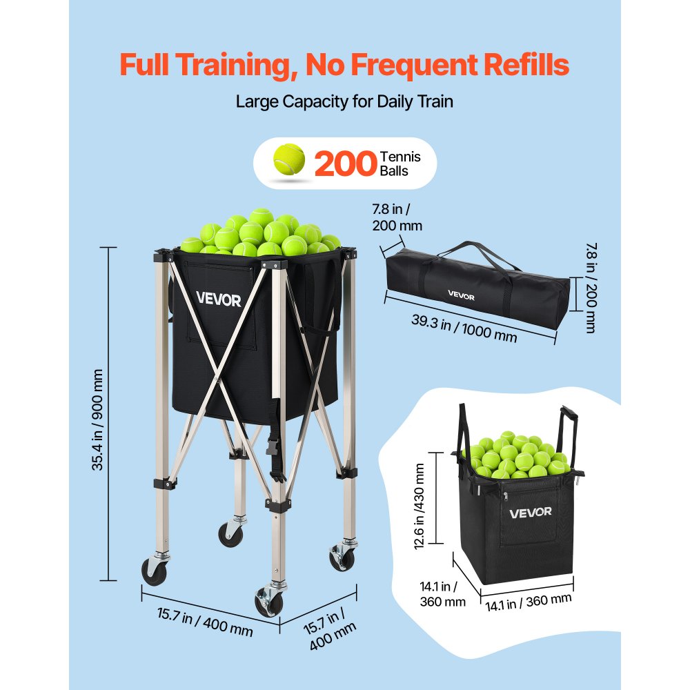 VEVOR Tennis Ball Hopper, Holds 200 Tennis Balls, Foldable Pickleball Basket Cart with Wheels for Easy Pick Up