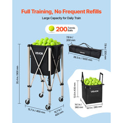 VEVOR Tennis Ball Hopper, Holds 200 Tennis Balls, Foldable Pickleball Basket Cart with Wheels for Easy Pick Up