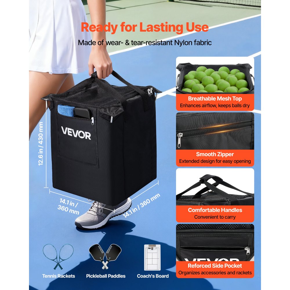 VEVOR Tennis Ball Hopper, Holds 200 Tennis Balls, Foldable Pickleball Basket Cart with Wheels for Easy Pick Up