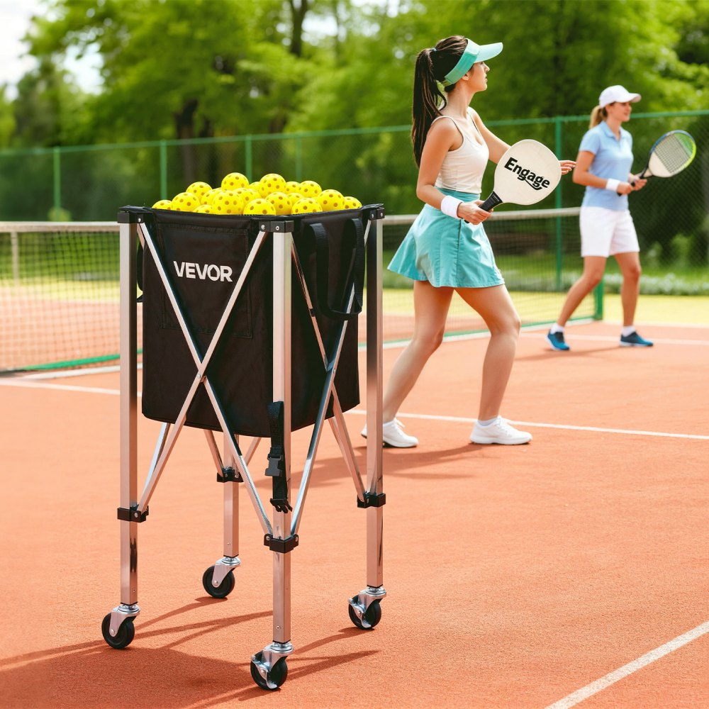 VEVOR Tennis Ball Hopper, Holds 200 Tennis Balls, Foldable Pickleball Basket Cart with Wheels for Easy Pick Up