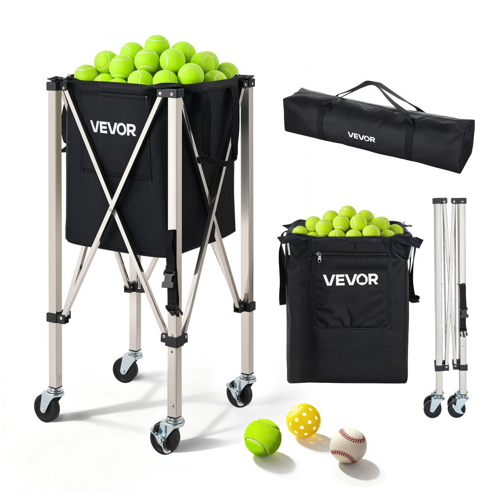 VEVOR Tennis Ball Hopper, Holds 200 Tennis Balls, Foldable Pickleball Basket Cart with Wheels for Easy Pick Up
