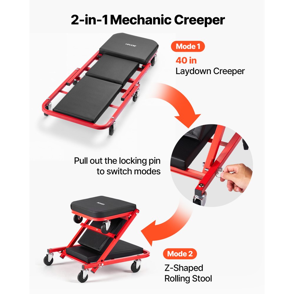 VEVOR 40 in 2-in-1 Folding Mechanic Creeper, Z Creeper Seat & Under Car Garage Roller, 450 lbs Rolling Creeper Stool