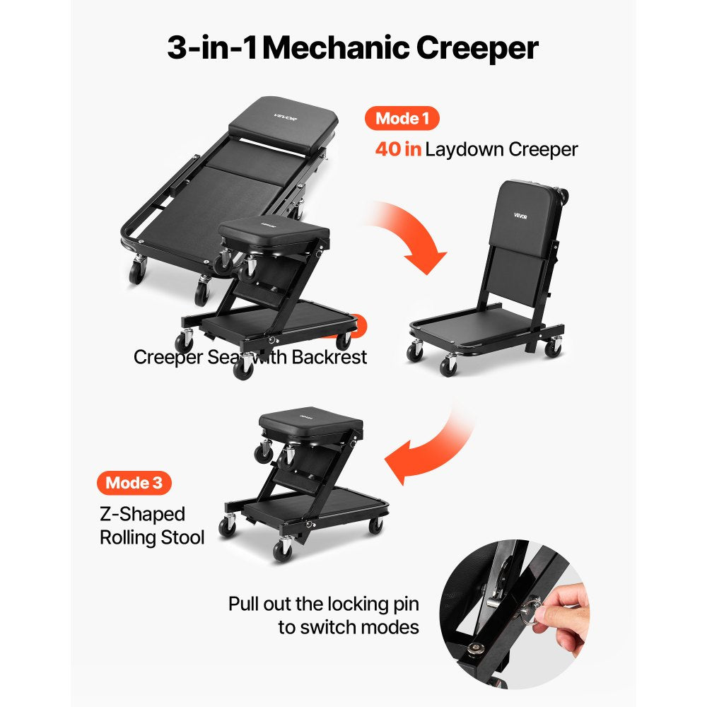 VEVOR 40 in 3-in-1 Folding Mechanic Creeper, Heavy Duty Z-Creeper Garage Roller, 480 lbs Under Car Rolling Creeper with