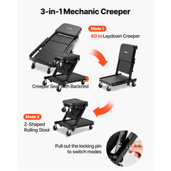 VEVOR 40 in 3-in-1 Folding Mechanic Creeper, Heavy Duty Z-Creeper Garage Roller, 480 lbs Under Car Rolling Creeper with