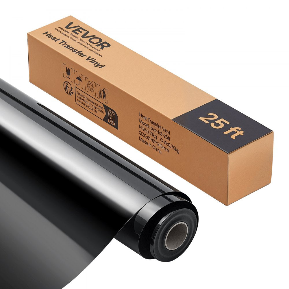 VEVOR Heat Transfer Vinyl, 12 in x 25 ft, Glossy Black HTV Iron on Vinyl Roll, Easy to Cut and Weed, Strong Adhesion