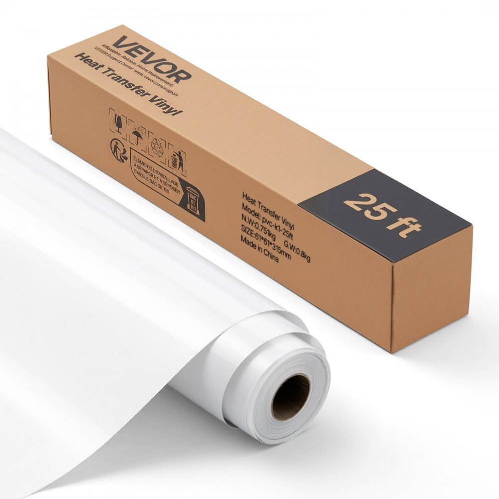 VEVOR Heat Transfer Vinyl, 12 in x 25 ft, Glossy White HTV Iron on Vinyl Roll, Easy to Cut and Weed, Strong Adhesion