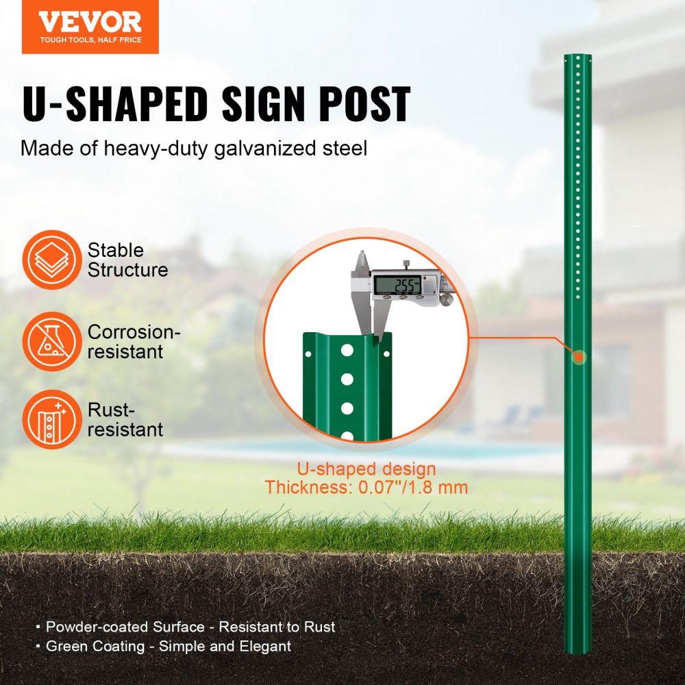 VEVOR 6FT U-Channel Sign Post, 4Pack Green Heavy Duty Steel Fixed Fence Post, Steel Fence U-Channel Sign for Garden