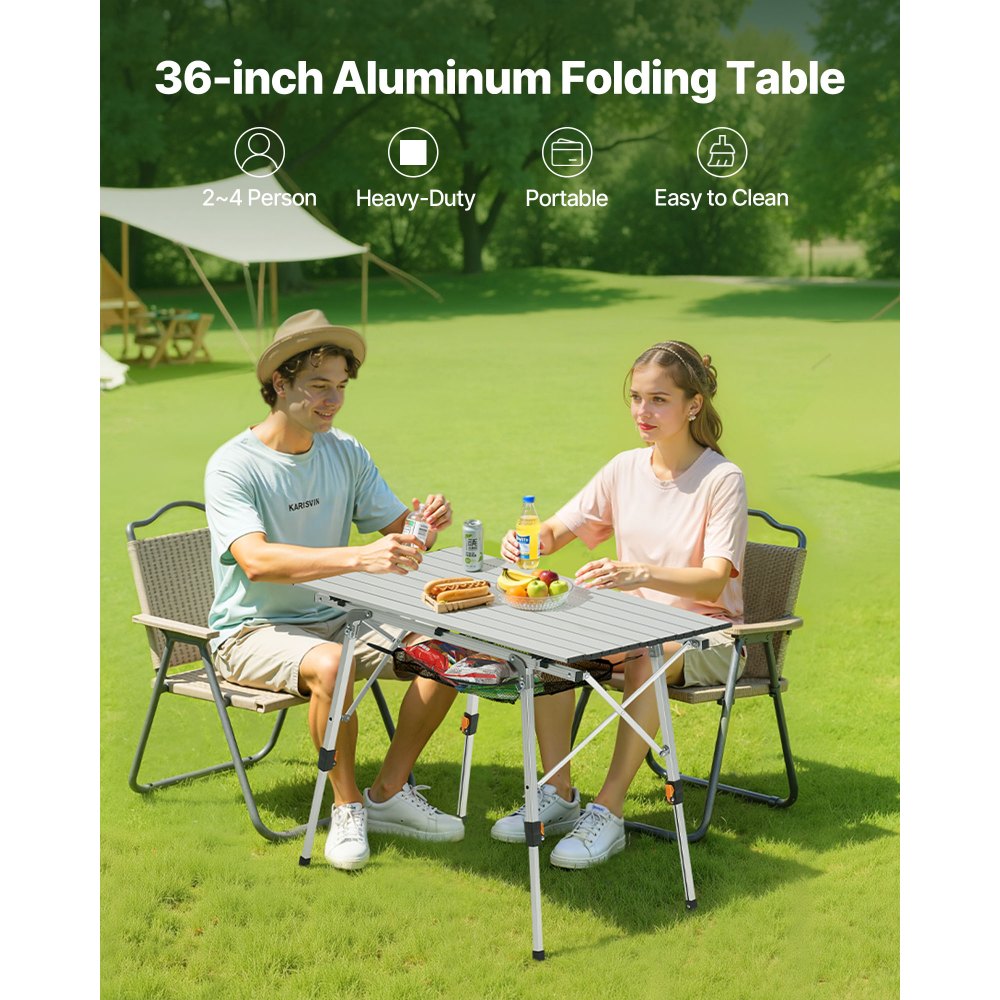 VEVOR Folding Camping Table, Portable Roll Up Side Tables, Lightweight Aluminum Beach Table with Adjustable Height, Top