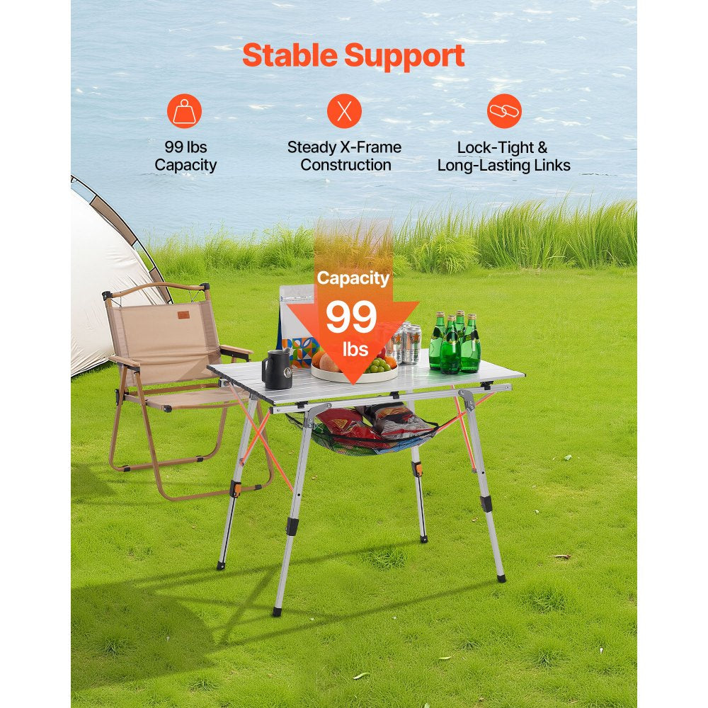 VEVOR Folding Camping Table, Portable Roll Up Side Tables, Lightweight Aluminum Beach Table with Adjustable Height, Top