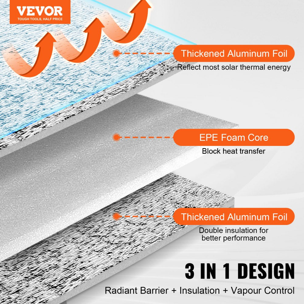 VEVOR Double Reflective Insulation Roll, Foam Core Radiant Barrier, 3.2 mm 48 in x 50 ft, Double-Sided Aluminum Foil